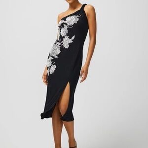 White House Black Market One-Shoulder MIDI Dress with White Floral Design